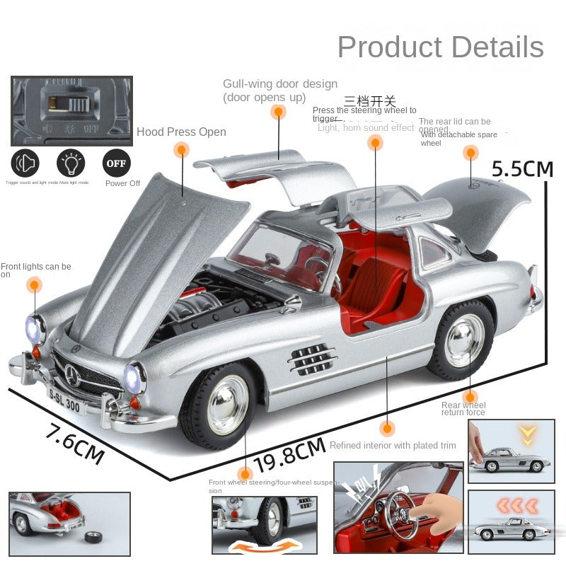 XHD 1:24 Die-Cast Alloy Model - Compatible with Mercedes-Benz 300SL Gullwing - Classic Icon with Opening Doors, Sound & Light, Pull-Back Action, Shock Absorption & Steering