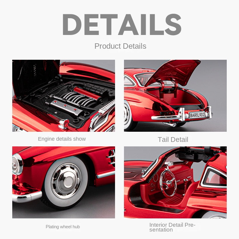 Chezhi 1:24 Chrome Edition Die-Cast Alloy Model - Compatible with Mercedes-Benz 300SL Gullwing - Classic Icon with Opening Doors, Sound & Light, Pull-Back Action, Shock Absorption & Interactive Steering Wheel