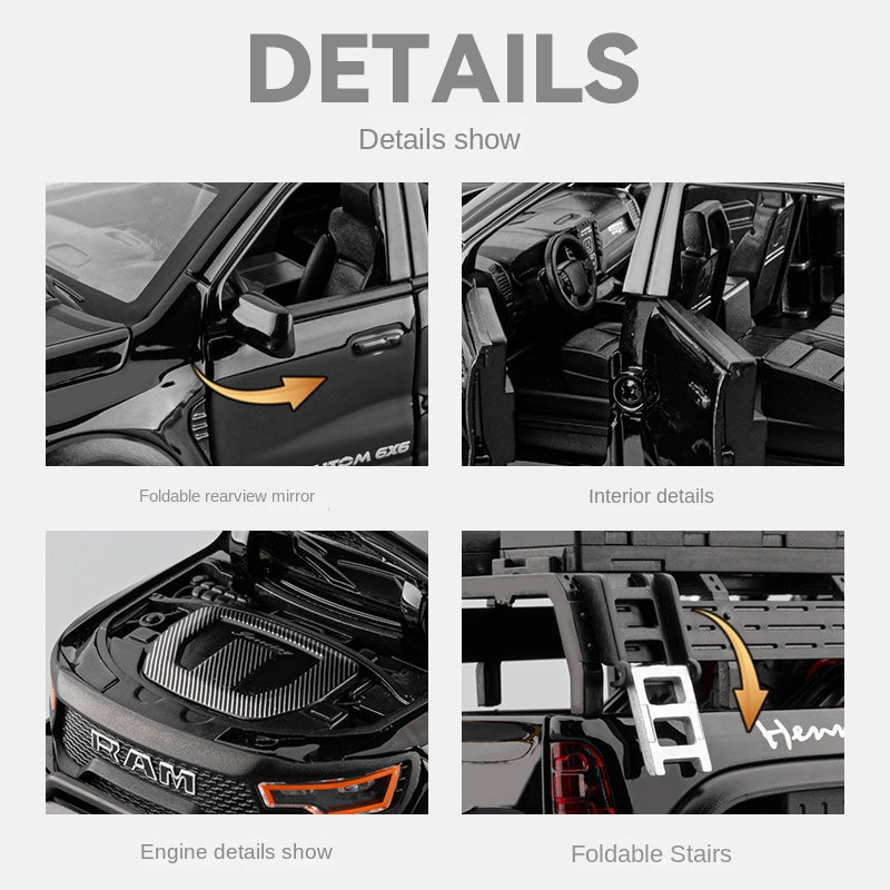 Chezhi 1:24 Die-Cast Alloy Model - Compatible with Dodge Ram Mammoth - Off-Road Pickup Truck with Truck Bed, Roof Rack & Tools, Opening Doors, Sound & Light, Pull-Back, Shock Absorption, Winch & Foldable Mirrors