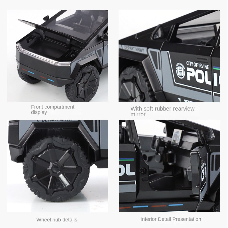XHD 1:24 Tesla Cybertruck Police Model - Includes Mini Motorcycle, with Sound & Light, Opening Doors, Pull-Back, Shock Absorption & Steering